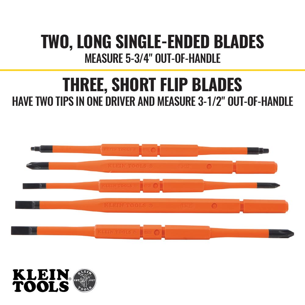 Klein Tools 32288 Insulated Screwdriver, 8-in-1 Screwdriver Set with Interchangeable Blades, 3 Phillips, 3 Slotted and 2 Square Tips, Black/Orange