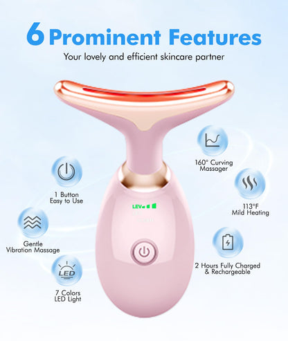 Red-Light-Therapy-for-Face-and-Neck, 7 Color Face Massager Tool for Wrinkles, Double Chin, Vibrating Facial Massager with Thermals for Skin Care, Glossy Pink