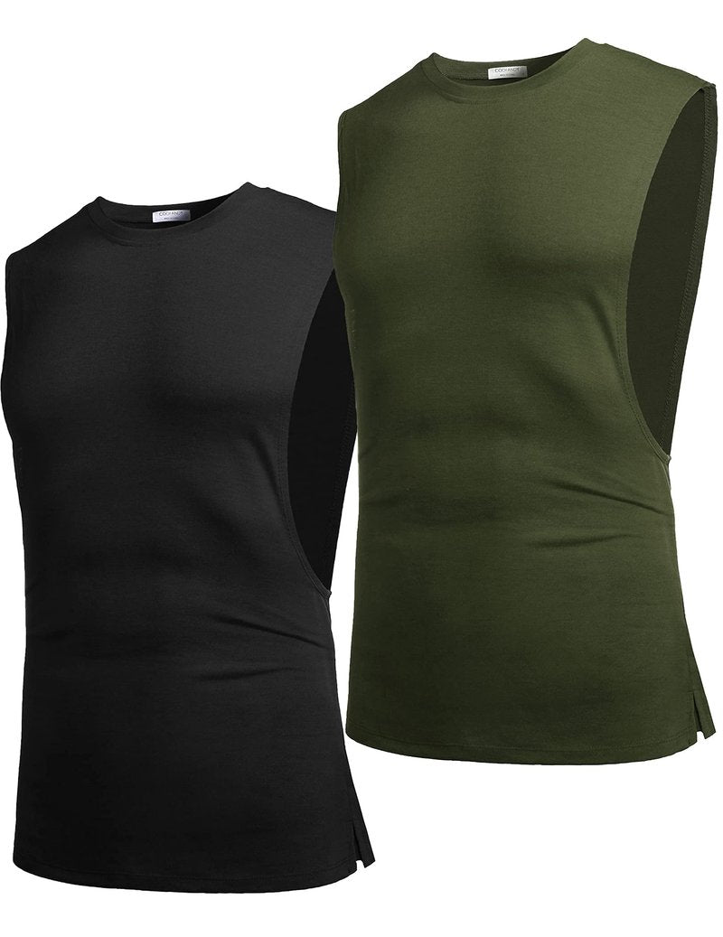 COOFANDY Mens Tank Tops Workout Fitness Shirt Bodybuilding 2 Pack Cut Off Black/Army Green(2pcs) X-Large Sleeveless