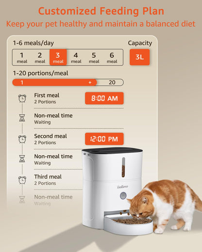 Balimo Automatic Cat Feeder, 3L, Stainless Steel Bowl, 1-6 Meals a Day, White