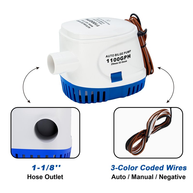 Sanuke 1100GPH Automatic Bilge Pump 12V, Submersible Auto Water Pump with Built-in Float Switch, 29mm (1-1/8") Outlet, Marine Bilge Pump for Boats, Ponds, Pools, Caravan RV