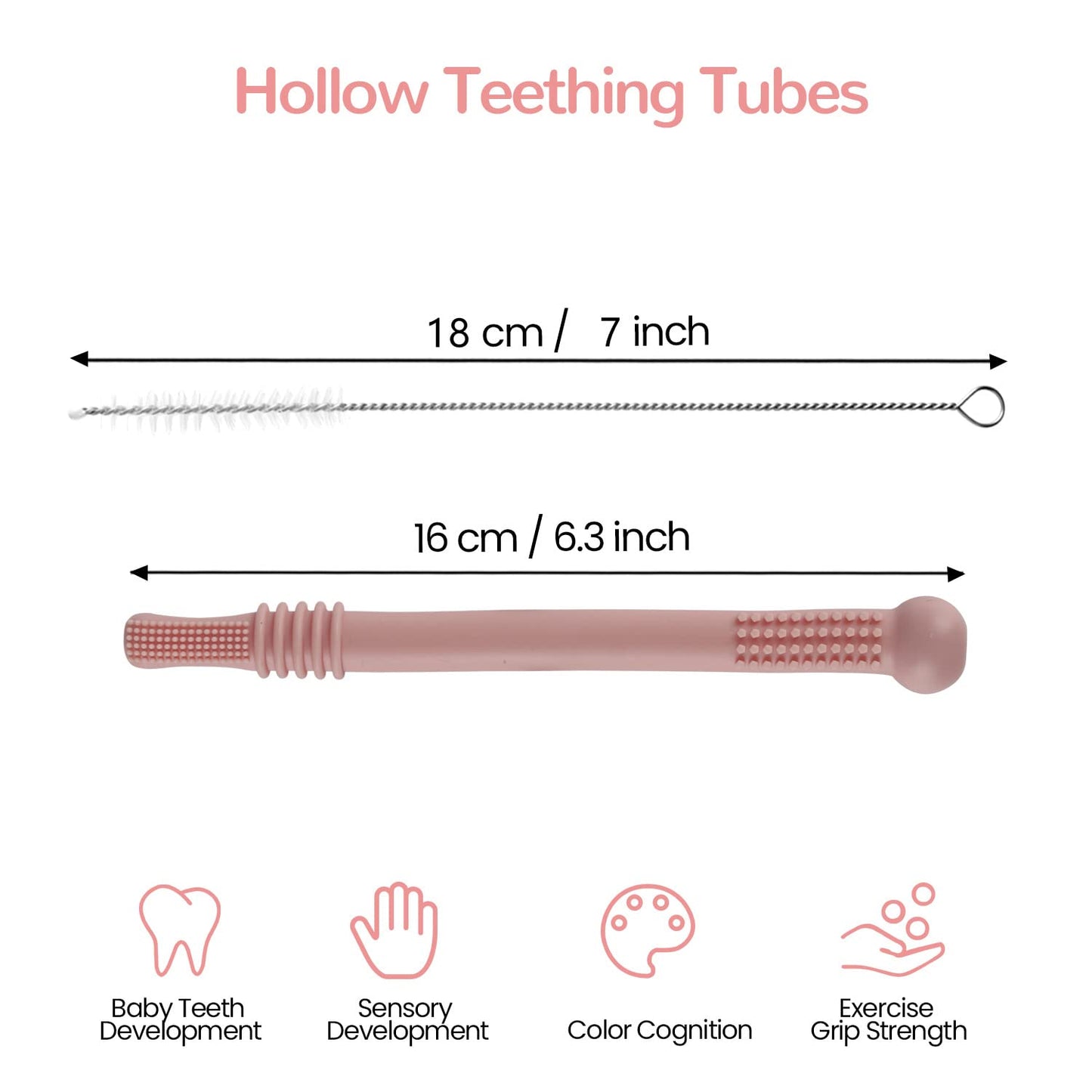 Fu Store Hollow Teether Tube Chew Straw Sensory Toy for Infant Toddlers Silicone Tubes Teething Toys for Babies 3-12 Months 0-36 Months Gifts Learning Developmental Toys BPA Free Freezable 6 Pack