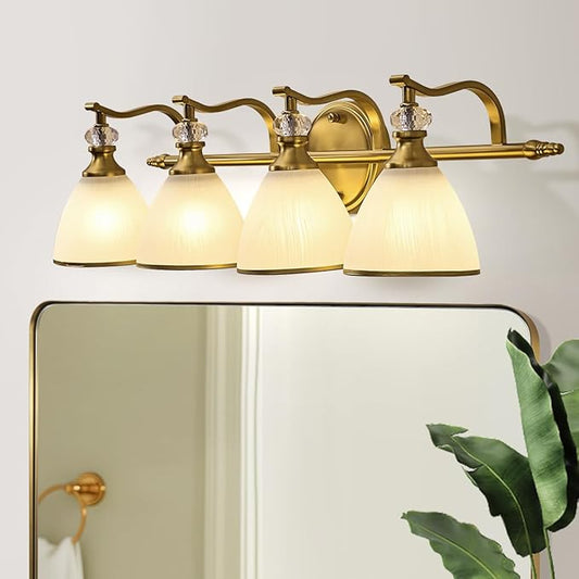 ANDY STAR Brushed Gold Vanity Light, 4-Light Bathroom Light Fixtures, Vintage Wall Lamp with Bell Shaped Frosted Lampshade, 27.8 Inch Bathroom Lighting Fixtures Over Mirror, (Bulbs Not Included)