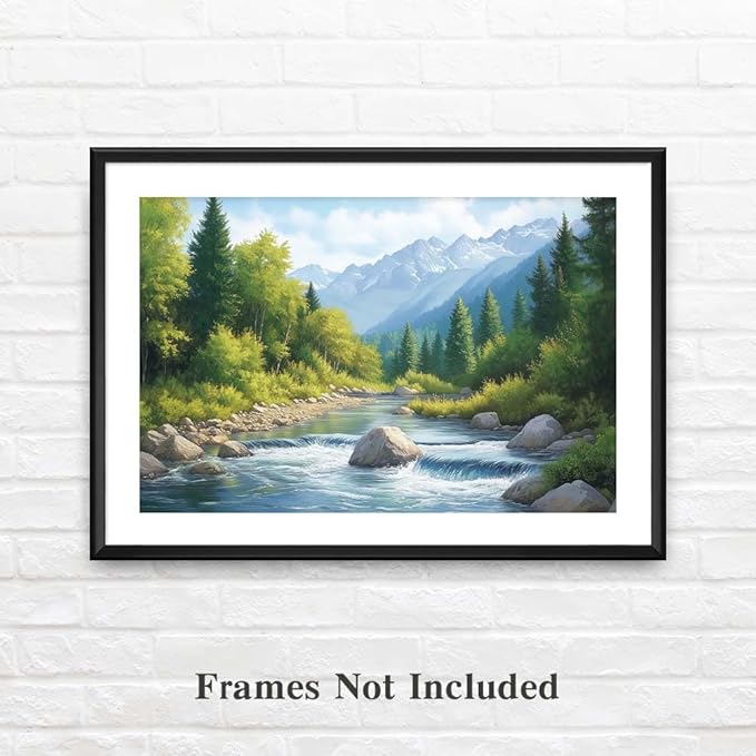 Yesad Serene Nature Wall Art, Landscape Canvas Wall Art Forest Pictures Prints Mountain Painting Scenery Poster Wall Décor for Farmhouse Living Room Bedroom (Unframed,18”x12”,Stream)