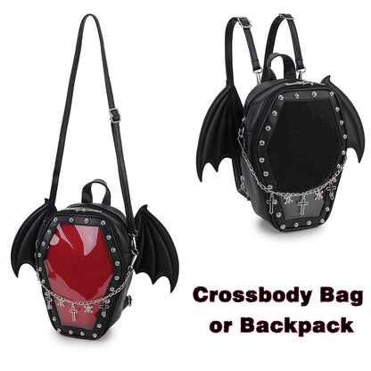 ENJOININ Gothic Coffin Shape Purses and Handbags for Women Halloween Shoulder Bag Ita Backpack Purse with Wings 2 Way