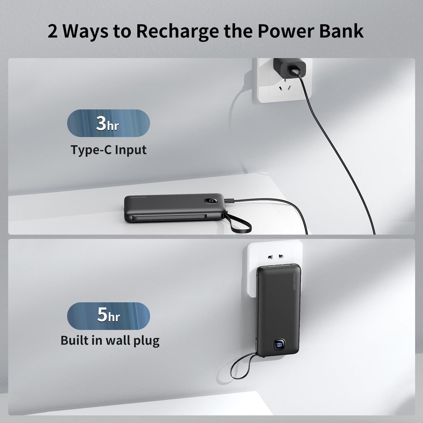 Portable Charger with Built-in Cables&AC Wall Plug,Slim 10000mAh 22.5W Fast Charging Power Bank,5 Output 2 Input USB-C External Battery Pack Compatible with iPhones,Samsung,Android, etc