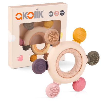 akolik Teething Toys for Babies, Baby Teethers Toy Teething Ring Silicone, Grasping Teething Toy, BPA Free Teething Newborn Accessories for Baby 0 3 6 9 12 18 Months (Pink)