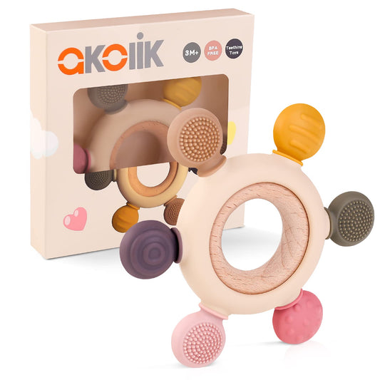 akolik Teething Toys for Babies, Baby Teethers Toy Teething Ring Silicone, Grasping Teething Toy, BPA Free Teething Newborn Accessories for Baby 0 3 6 9 12 18 Months (Pink)