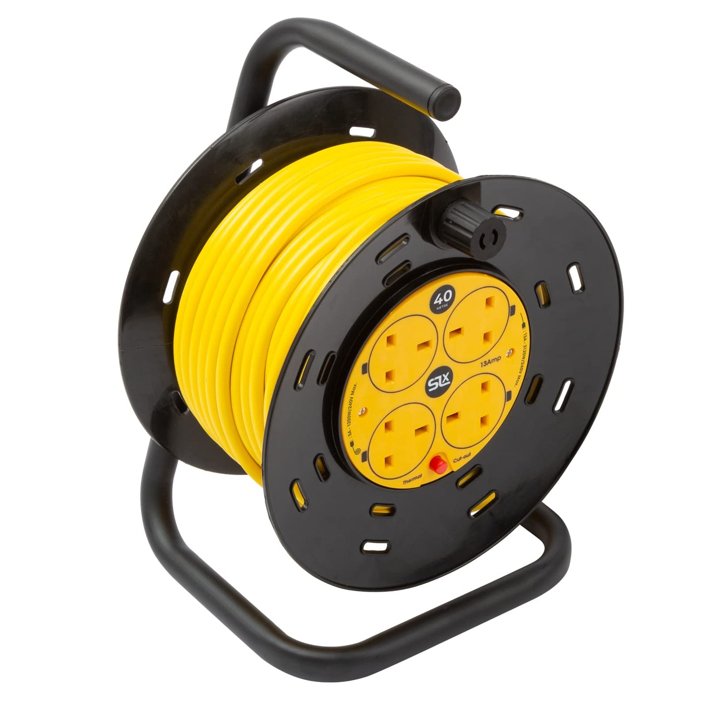 SLx Outdoor Extension Lead, 40m, 4 Socket Extension Reel, Heavy Duty Extension Cable, Thermal Cut Out, Extension Lead for Garden Lawn Mower Office, 13A Fused UK Plug