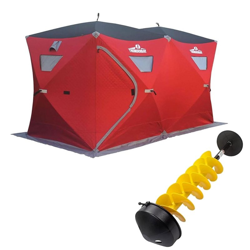THUNDERBAY 6 Person Insulated Ice Fishing Tent & Ice Auger Combo, 300D Oxford Fabric, 68 Square Feet of Fishable Area, Portable 6 Person Insulated Ice Shelter with 8 Inch Nylon Ice Auger