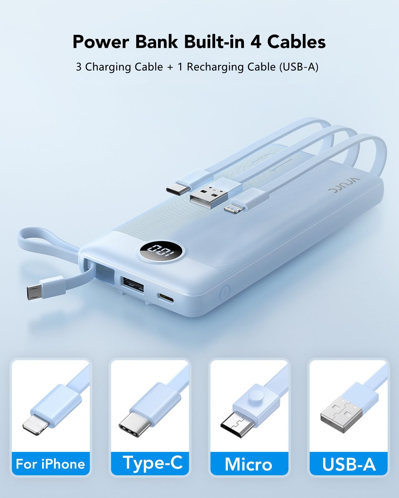 VRURC Portable Charger with Built in Cables, Slim Power Bank 10000mAh, USB C Battery Pack Travel Essential, 5 Outputs 2 Inputs Phone Charging Bank for iPhone 16 15 14 13,Samsung,Android-Black(1 Pack)