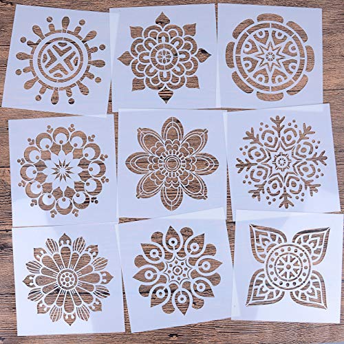 9 Pack 6 x 6 inches Mandala Stencils for Painting on Wood, Wall, Floor, Tile Fabric, Reusable Furniture Stencils Painting Template DIY Decor