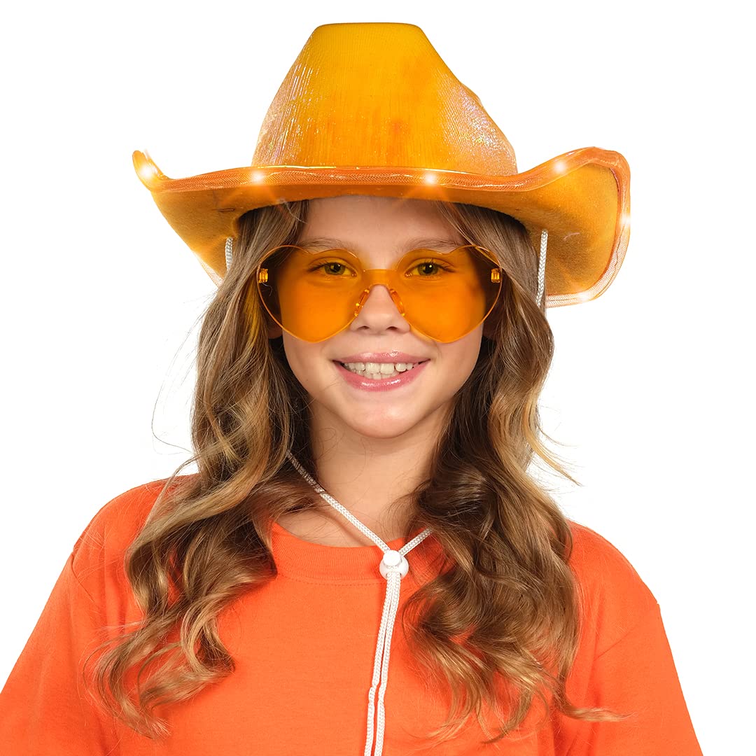 Funcredible Orange Light Up Cowboy Hat and Glasses - Led Cowgirl Hat for Girls - Neon Cowboy Hat - Cowgirl Costume Accessories for Women