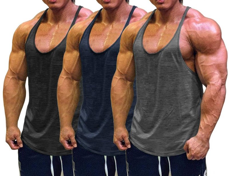 Muscle Cmdr Men's 3 Pack Stringer Tank Tops Bodybuilding Y-Back Gym Fitness Workout Training Running T-Shirts Athletic Quick Dry Top (Black,Grey,Blue,Thin Shoulder, 2XL)