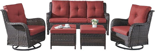 Rilyson Wicker Patio Furniture Set - 5 Piece Rattan Outdoor Sectional Conversation Sets with 2 Rocking Swivel Chairs,2 Ottomans and 1 Sofa for Porch Deck Garden(Brown/Red)