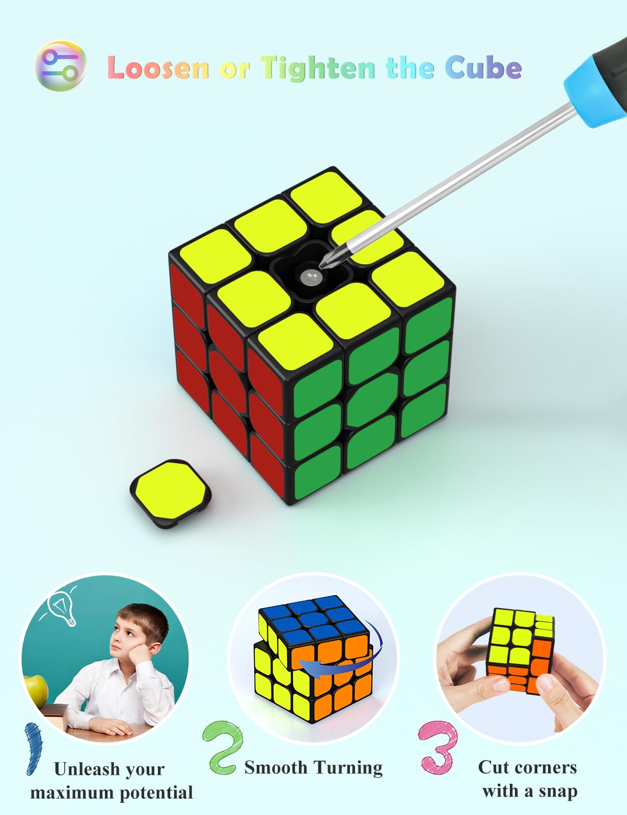 ROXENDA Speed Cube Set, 2X2 3X3 Pyramid Speed Cube Stickerless Fast Cube with Instruction (Sticker cube set)