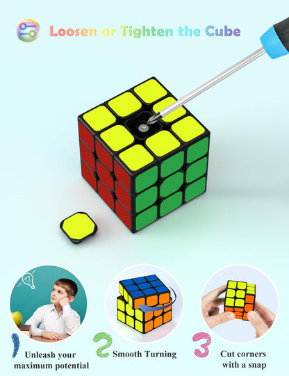 ROXENDA Speed Cube Set, 2X2 3X3 Pyramid Speed Cube Stickerless Fast Cube with Instruction (Sticker cube set)