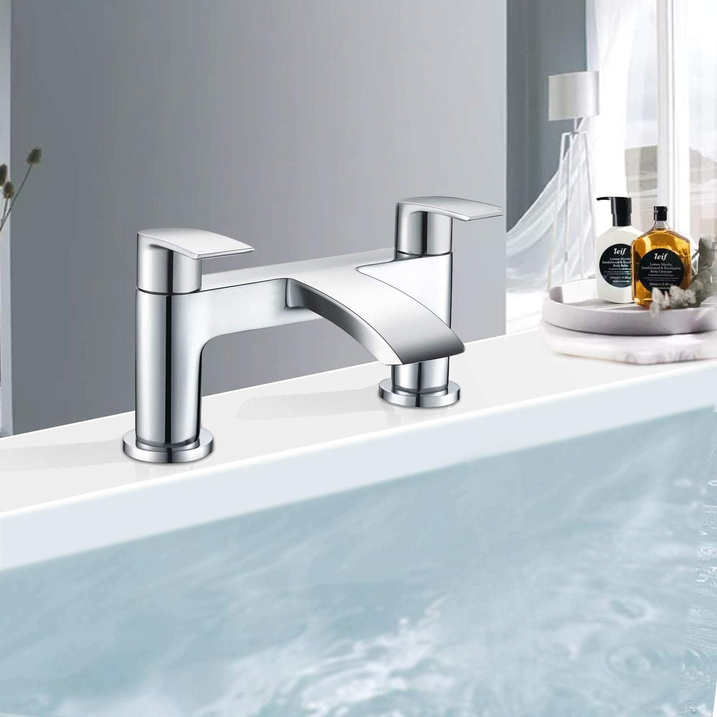 Hapilife Bath Tap Waterfall Bathroom Bathtub Mixer Taps 2 Holes Tub Tap Monobloc Bath Filler Mixer Taps Chrome Dual Lever Mono Deck Mounted Modern