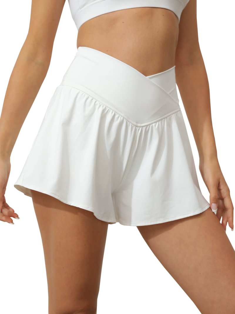 Tongmingyun Women Crossover Shorts Flowy Athletic Butterfly 2 in 1 Shorts with Pocket High Waist Running Workout Skorts White