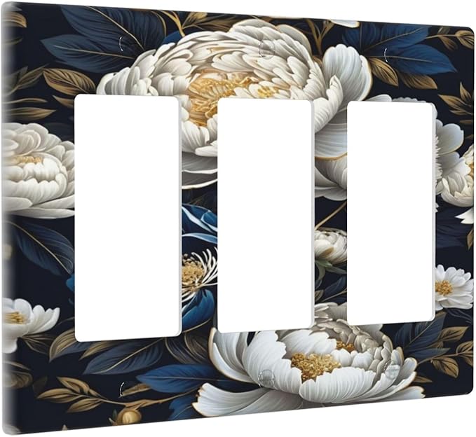 White Gold Blue Flower 3 Gang Rocker Triple Outlet Wall Plate Decorative Switchplate Cover Faceplate GFCI Light Switch Covers for Farmhouse Living Decor