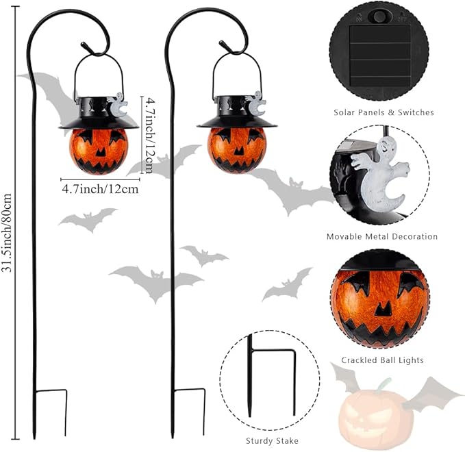 Viveta 2 Pack Solar Halloween Lights, Solar Lanterns Outdoor Waterproof with Shepherd Hooks for Garden Yard Pathway Outdoor Halloween Decorations