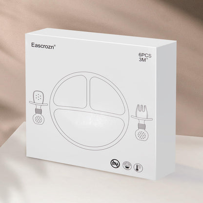 Eascrozn Silicone Feeding Set, 2 Pack Divided Toddler Plates with Suction, 2 Pack Utensils - Spoons & Forks, BPA Free, Baby Led Weaning Supplies