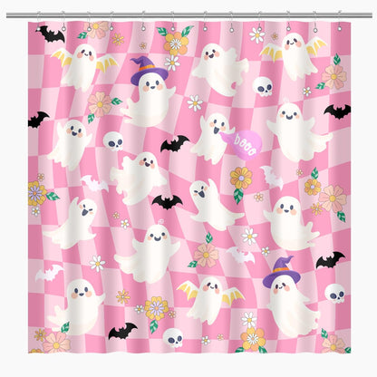BIYSUC Halloween Ghost Shower Curtain Spooky Cute Funny Pink Checkered Retro Flower Skull Bat Trick or Treat Home Bathroom Decor Waterproof Polyester Fabric 72Lx72W Inch with Plastic Hooks