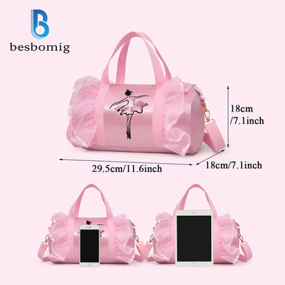 besbomig Girls Ballet Dance Bag Pink Shoulder Crossbody Sports Bag Princess Shoes Dancewear Storage Handbag Tote for Ballerina Dancer Kids
