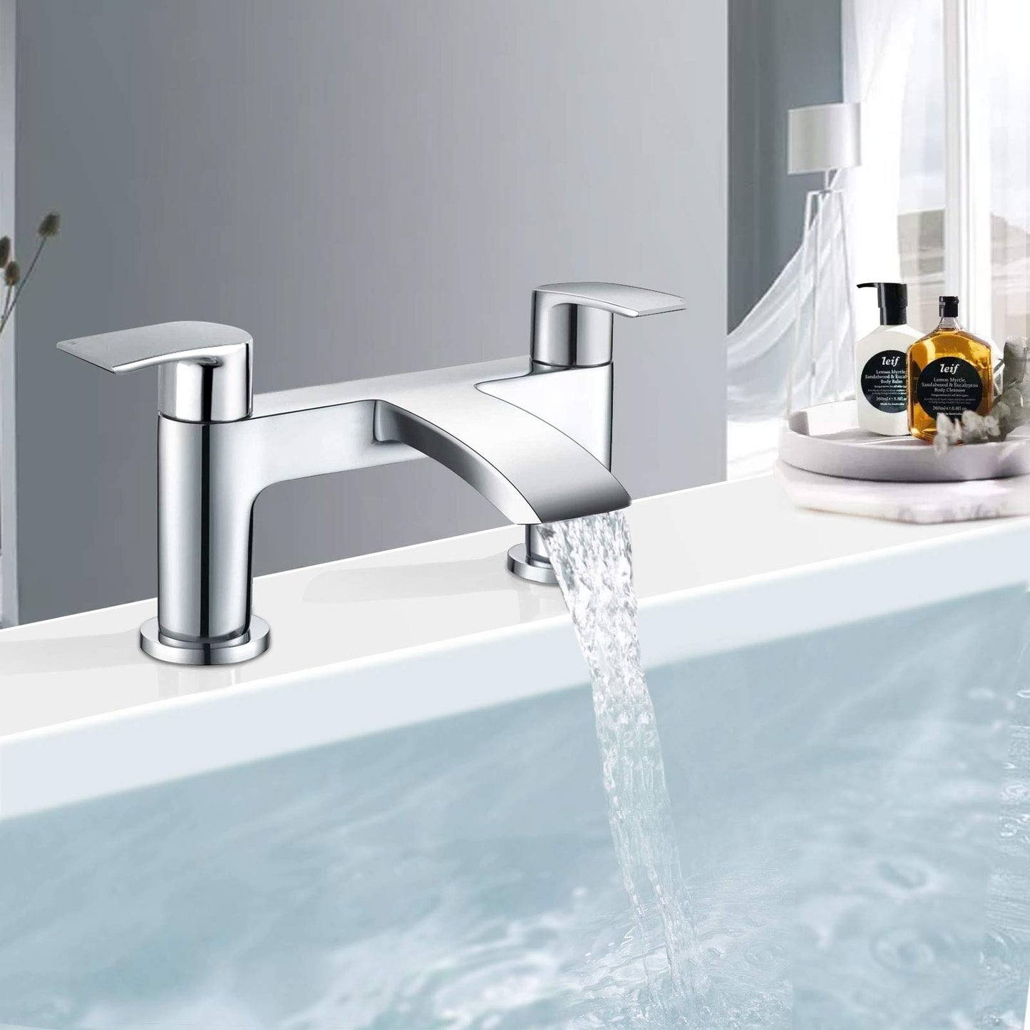 Hapilife Bath Tap Waterfall Bathroom Bathtub Mixer Taps 2 Holes Tub Tap Monobloc Bath Filler Mixer Taps Chrome Dual Lever Mono Deck Mounted Modern