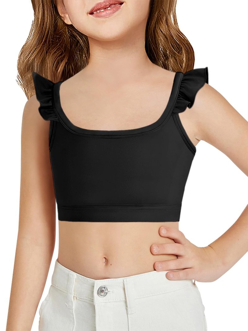 Haloumoning Girls Training Bra Kids Cute Ruffle Sports Bra Workout Yoga Bra Comfort Dance Crop Top Black