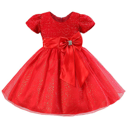 Toddler Girls Christmas Party Dress Bow Elegant Brilliant Tulle Lace Bridesmaid Wedding Dress L006_Red-3
