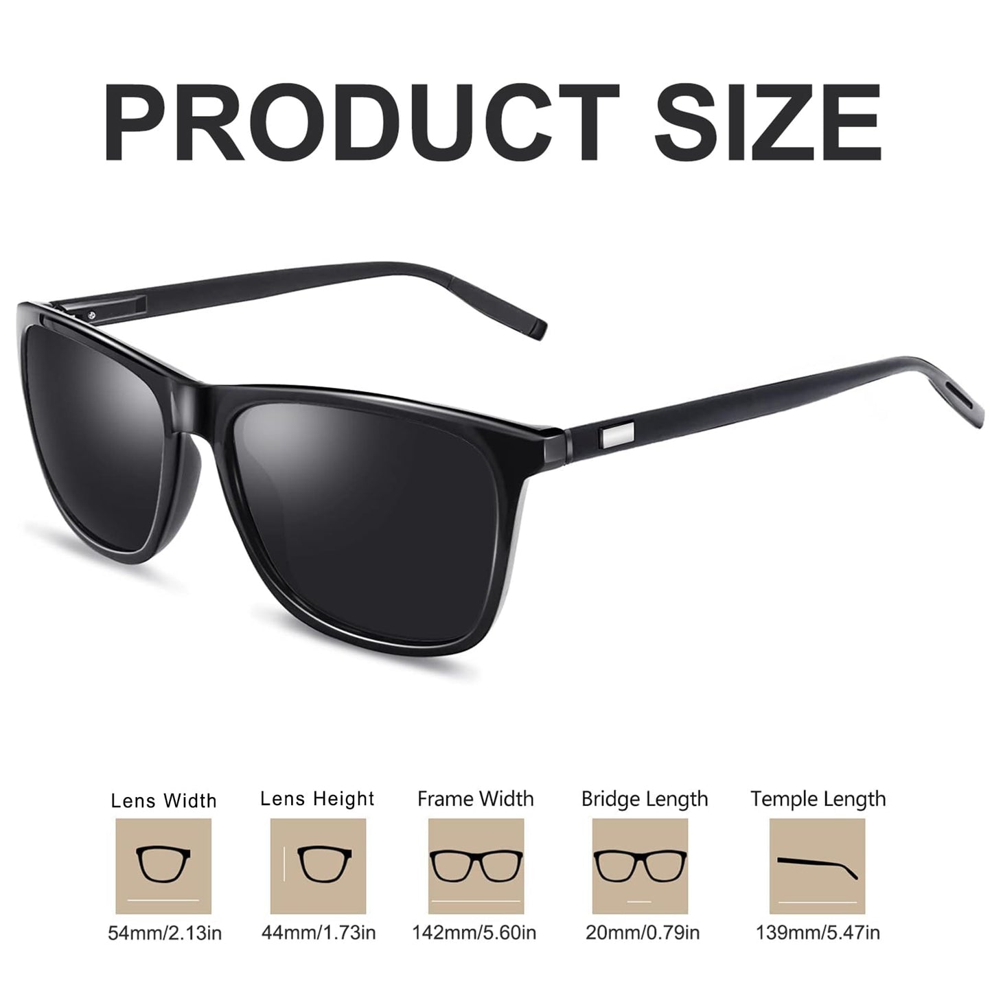 KANASTAL Black Sunglasses Mens Polarised Womens Dark Square Ladies Retro Spring Vintage Driving Fishing Beach Vacation Urban UV400 Protection - Glossy Black