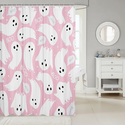 Feelyou Pink Halloween Bath Curtain 72"x72" Cartoon Pink Ghost Shower Curtain for Kids Kawaii Cute Bathroom Shower Curtain Set Polyester Kids Bathroom Accessories