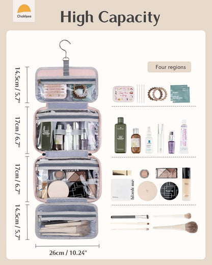 Chakipee Travel Hanging Toiletry Bag for Women - Waterproof Cosmetic Organizer with Clear Window, Lightweight Bathroom Bags for Essentials, Makeup, Shampoo, Toiletries (Pink, Medium)