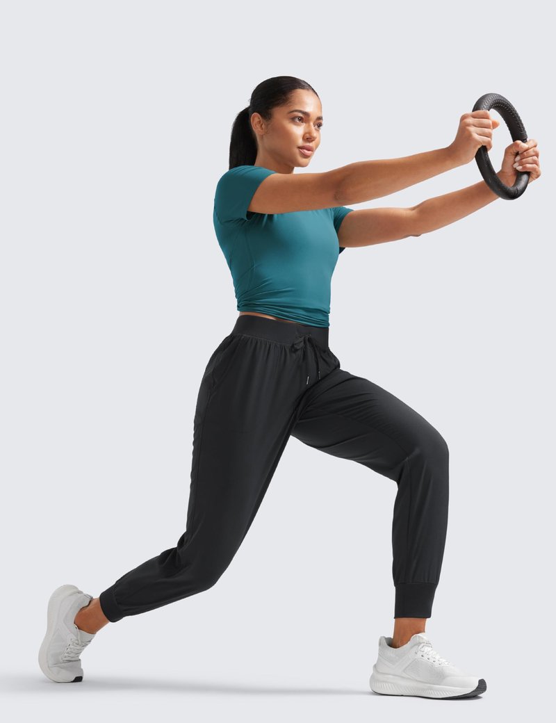 CRZ YOGA Women's Lightweight Workout Joggers 27.5" - Travel Casual Outdoor Running Athletic Track Hiking Pants with Pockets Black Medium