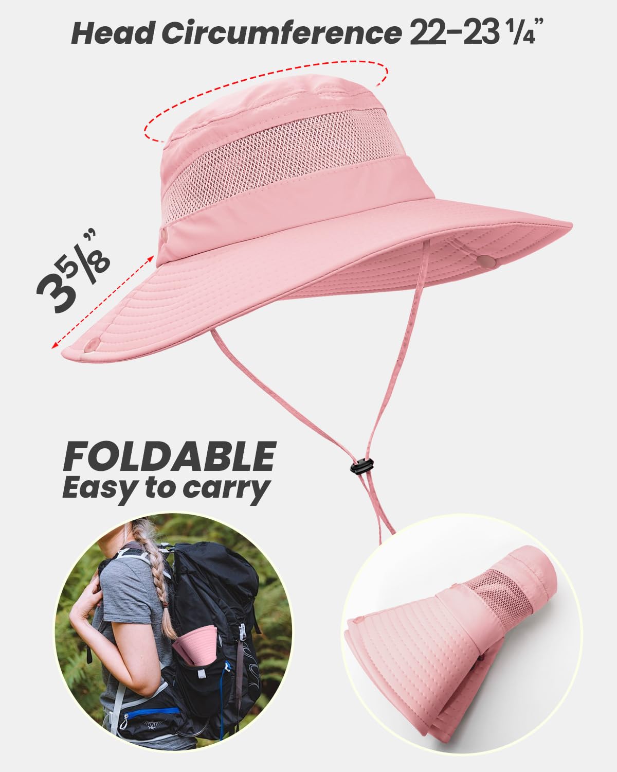 Beach Sun Hats for Women UV Protection with High Ponytail Hole UPF 50+ Fishing Safari Garden Hiking Hat Women Water Resistant Packable Sun Hat Pink