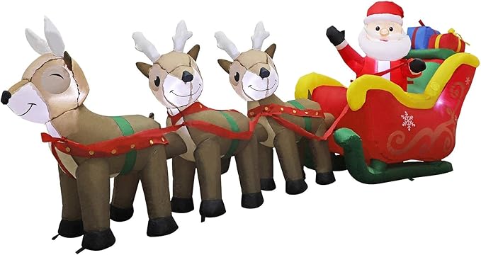 MorTime 9.5 FT Christmas Inflatable Santa Claus on Sleigh Pulled by Three Reindeers with Gift Boxes, Blow up Lighted Yard Decor for Outdoor Decorations