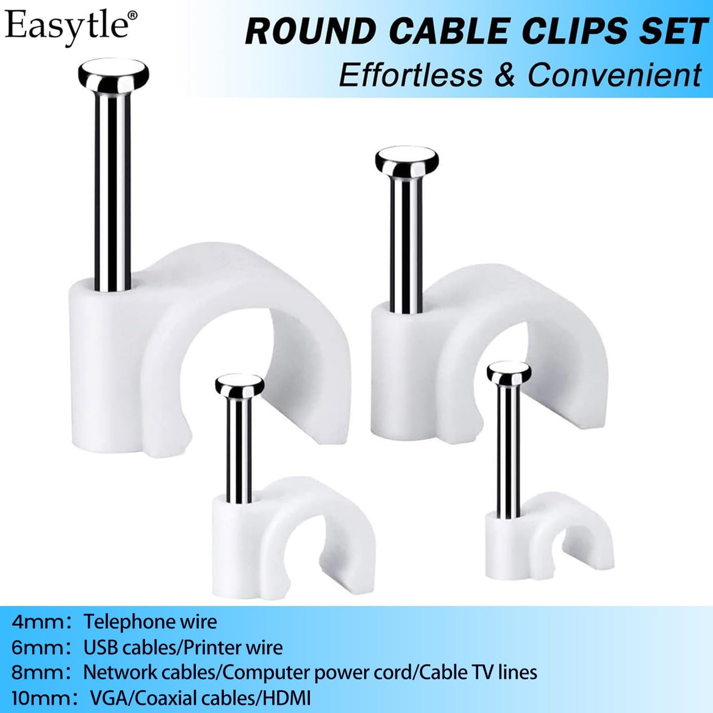 Cable Wire Clips 4mm 6mm 8mm 10mm (Pack of 200) Cable Management RG6 RG59 CAT5 CAT6 RJ45 Electrical Ethernet Dish TV Speaker Wire Cord Tie Holder Single Coaxial Nail Clamps