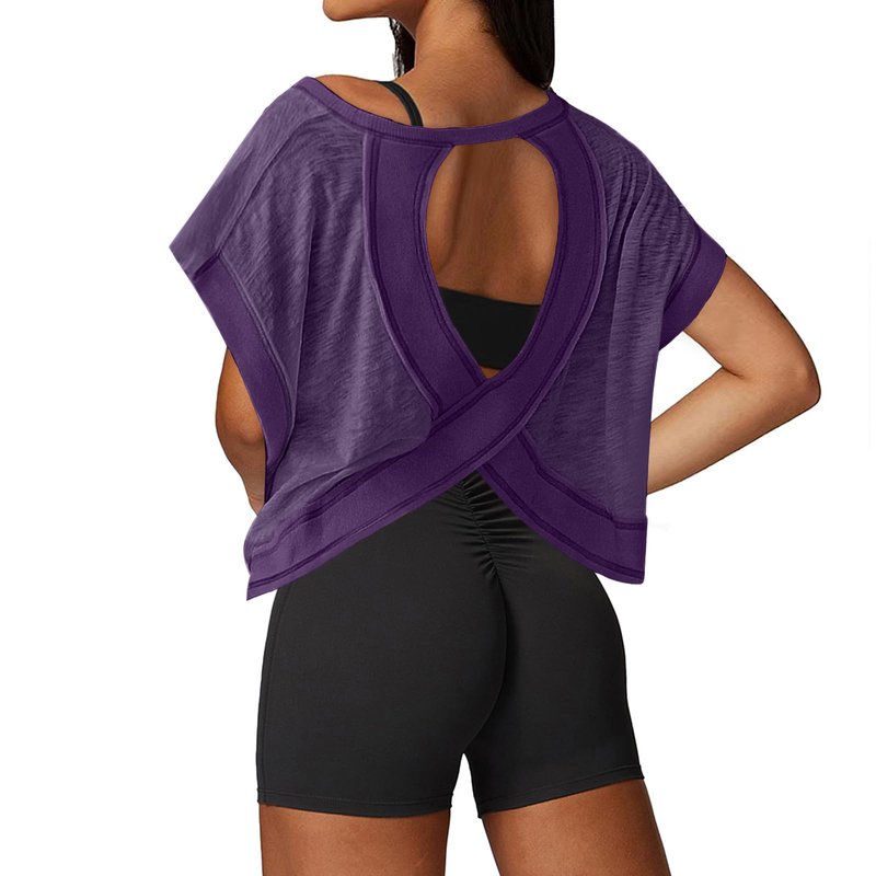UNIANKIYA Open Back Workout Tops for Women Loose Fit Athletic Crop Tee Short Sleeve Gym Running Yoga Shirt Dark Purple