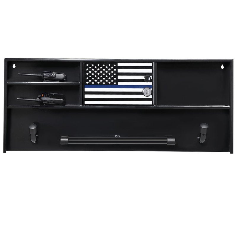 BUYYAH Wall Mounted Police Gear Rack, All Iron Frame with Gun Storage, Combination Lock, Tactical Duty Gear Rack for Home, Office, Police Gift Decor with Flag, Black