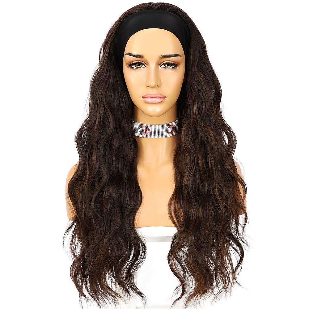 Sapphirewigs Body Wave Headband Wig Synthetic Long Wavy Wigs for Women Glueless Brown Hair Natural Looking 150% Density 26 inch