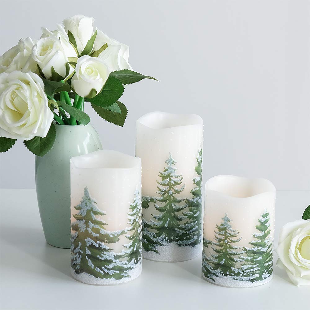 Eldnacele Green Tree Christmas Decor Flameless Flickering Candles with Automatical Daily Timers, Battery Operated LED Candles Real Wax Decals Pack 3 Tiered Pillars 3 x 4 5 6 Inches