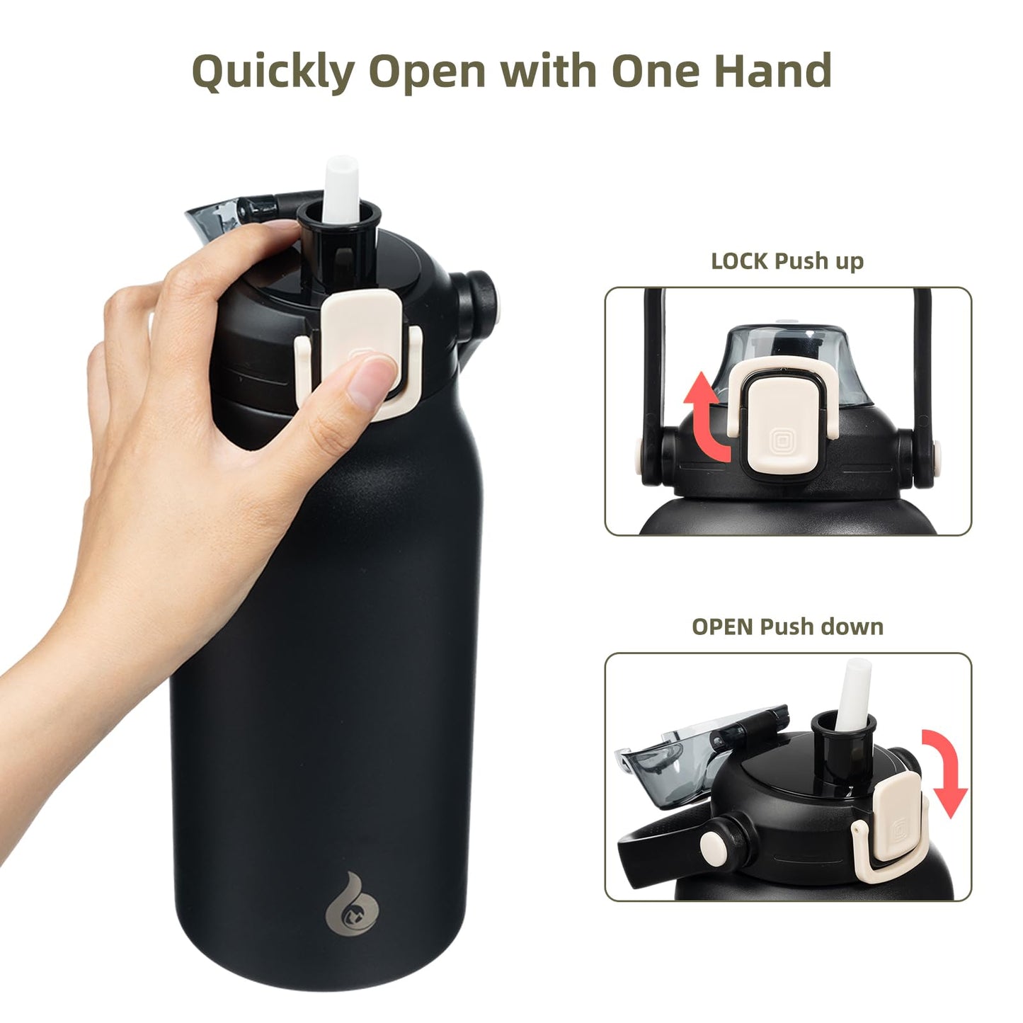 BJPKPK Insulated Water Bottles with Straw, 45 oz Stainless Steel Metal Water Bottle with One-handed Opening Lid, BPA Free Reusable Jugs, Thermo for Gym Sports Outdoors, Black