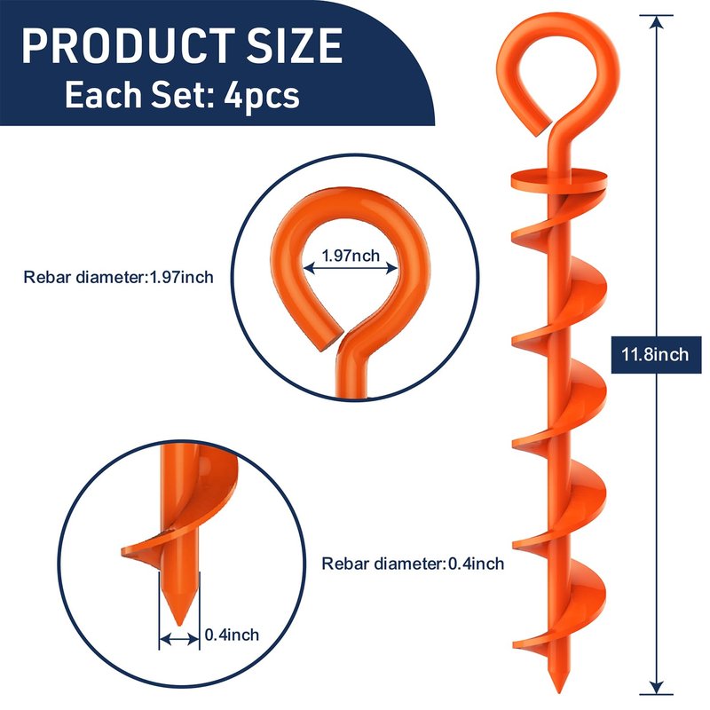 Eurmax USA 4 Pack Heavy Duty Ground Stakes,Industrial Grade Spiral Steel Screw-in Anchors with 4 Bonus Tie-Down Ropes,High Wind Stabilizing Kit for Trampolines,Dog Tie-Out,Canopy Tents,Sheds,Orange
