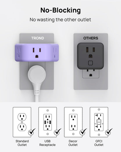 TROND Multi Plug Outlet Extender 2 Pack - Electrical Wall Splitter, 3 Way Angled Wall Outlet Adapter, Cruise Essentials, Small Multiple Plug Expander for Cruise Ship Home Office Dorm Room, White