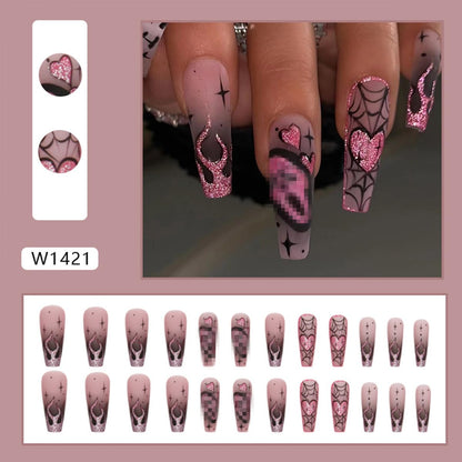Halloween Press on Nails Long Coffin Fake Nails with Designs Cute Ghost False Nails Heart Flame Spider Skull Glue on Nails Full Cover Suqare Artificial Acrylic Stick on Nail for Women Girls 24 Pcs
