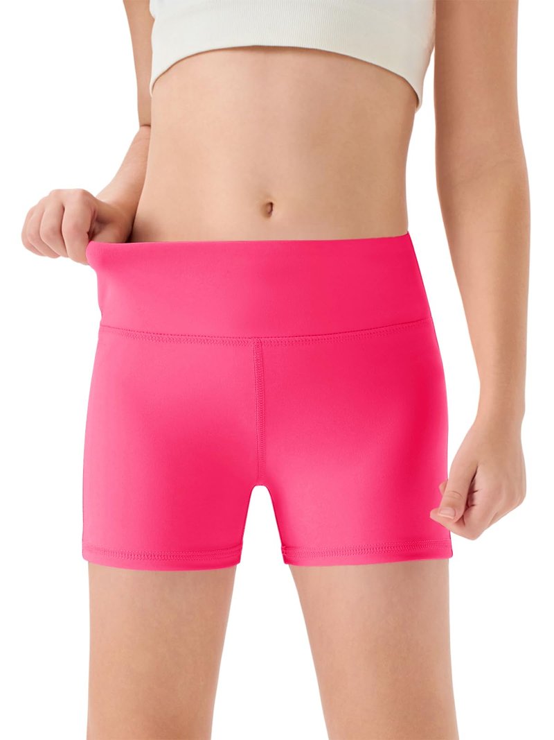 Haloumoning Girls Athletic Shorts Kids High Waisted Yoga Dance Biker Shorts Comfy Gymnastics Shorts 5-14Y Rose Red
