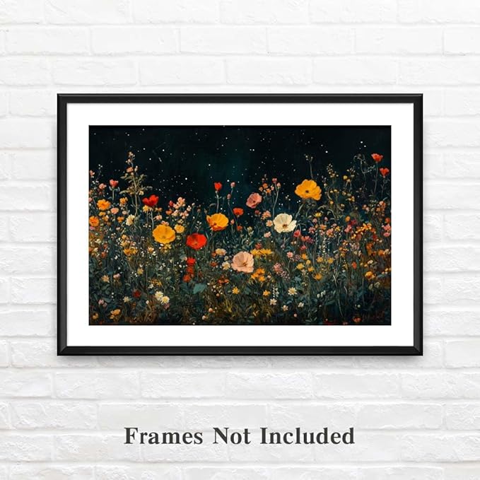 Yesad Wildflowers Field Landscape Wall Art, Floral Canvas Wall Art Wildflowers at Night Flower Prints Painting Rustic Wall Décor for Living Room Bedroom Farmhouse (Unframed,30”x20”,Wildflower1)