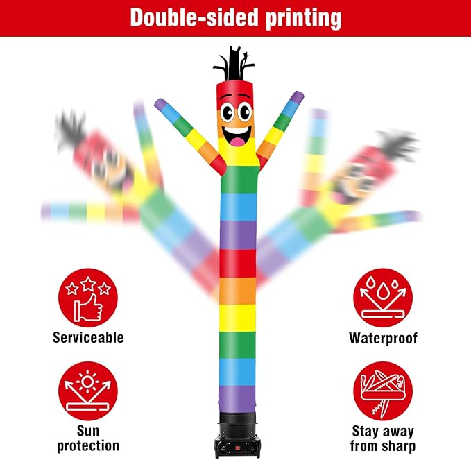 10FT Tall Inflatable Tube Man Rainbow Wacky Wavy Dancing Guy with 3/4 HP Weather-Resistant Blower (12''Diameter) for Outdoor Decoration Advertising Business Promotion