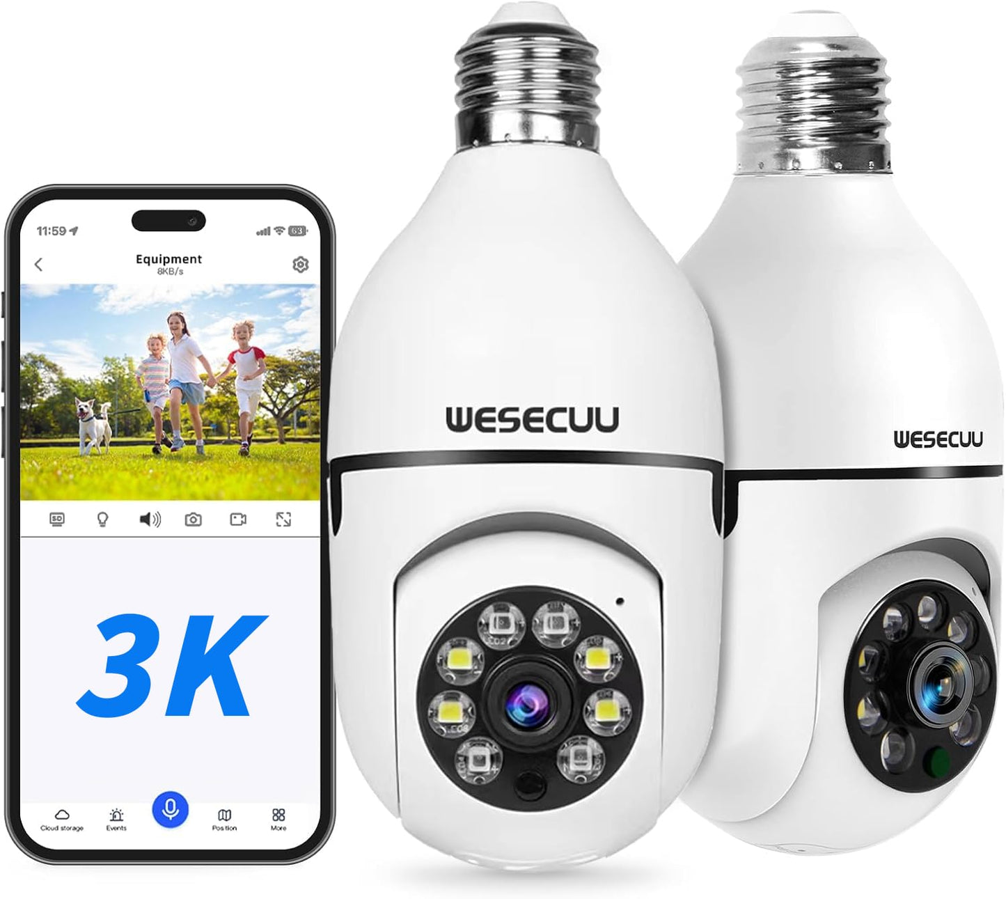 WESECUU Light Bulb Security Camera -5G& 2.4GHz WiFi 2K Security Cameras Wireless Outdoor Motion Detection and Alarm,Two-Way Talk,Color Night Vision,Human Detection, Bulb Camera Compatible with Alexa